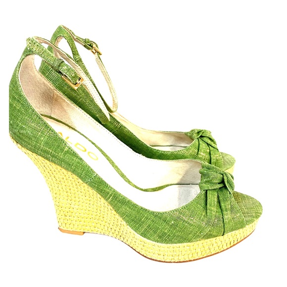 Aldo Shoes - Aldo Green Gold Straw Wedge Ankle Strap Shoes